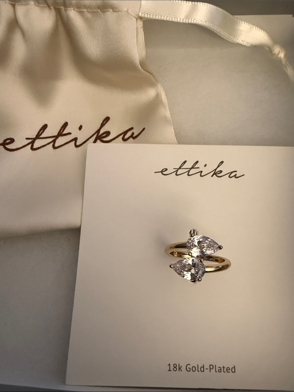 ettika Gold-Plated Open Double Teardrop Ring with Clear Stones